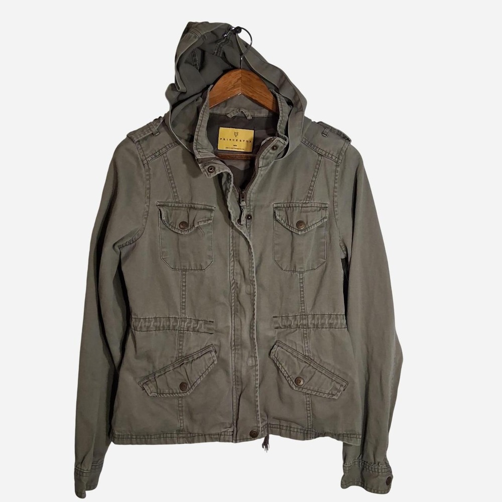 Womens khaki green jacket with hood pockets adjustable waist vented back